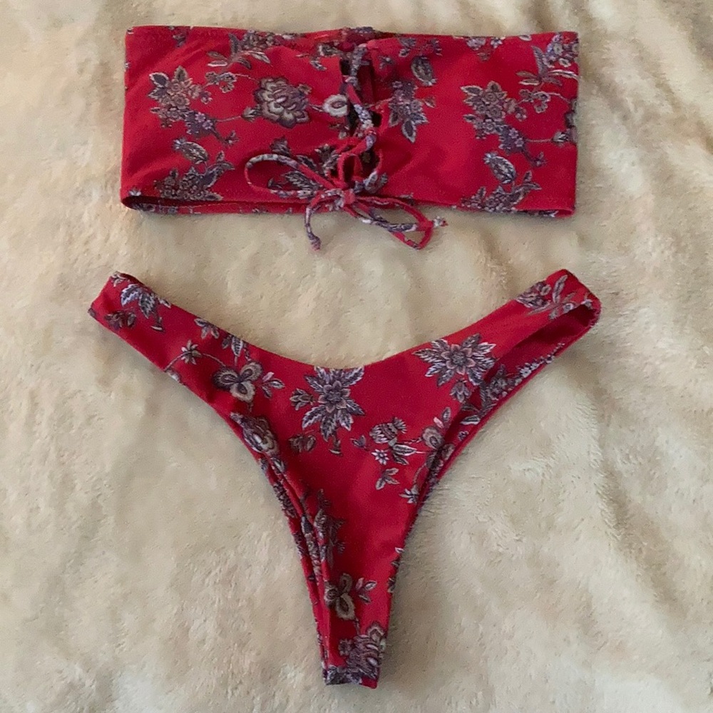 Red floral strapless bikini set | ZAFUL
